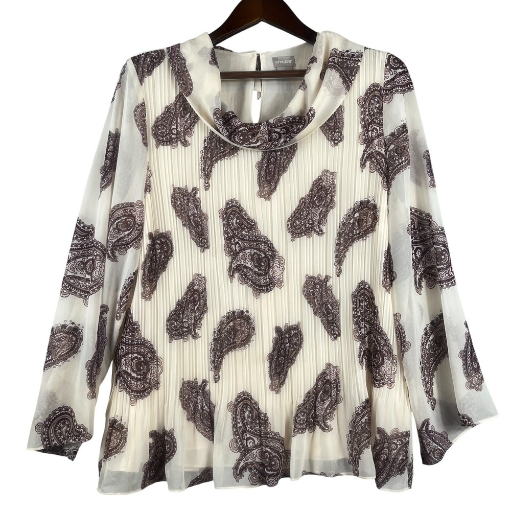 Chico's Cream Blouse with Brown Paisley Print